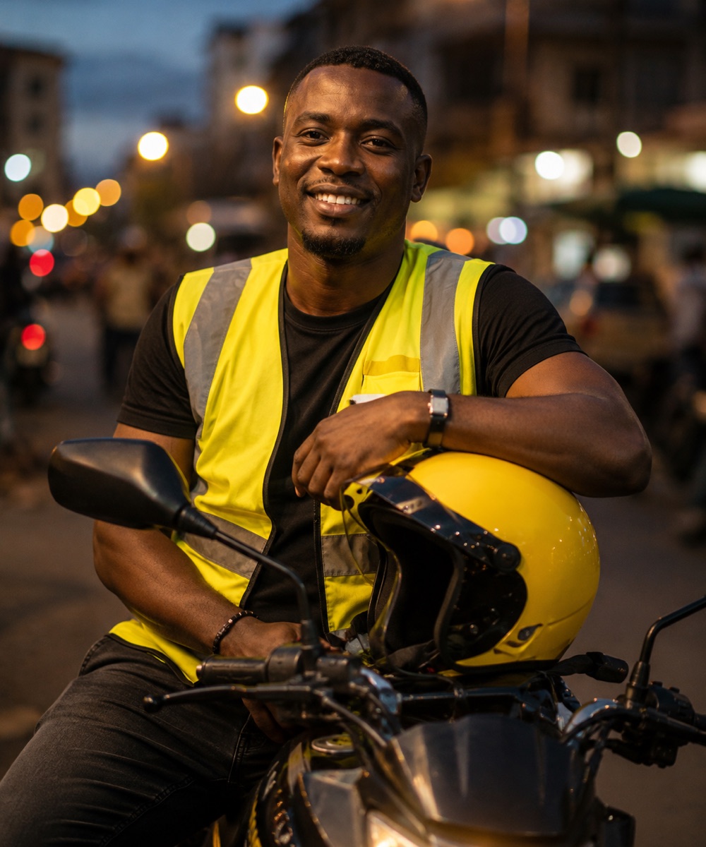 Chauffeur partenaire Zipp souriant sur sa moto avec casque et gilet jaunes