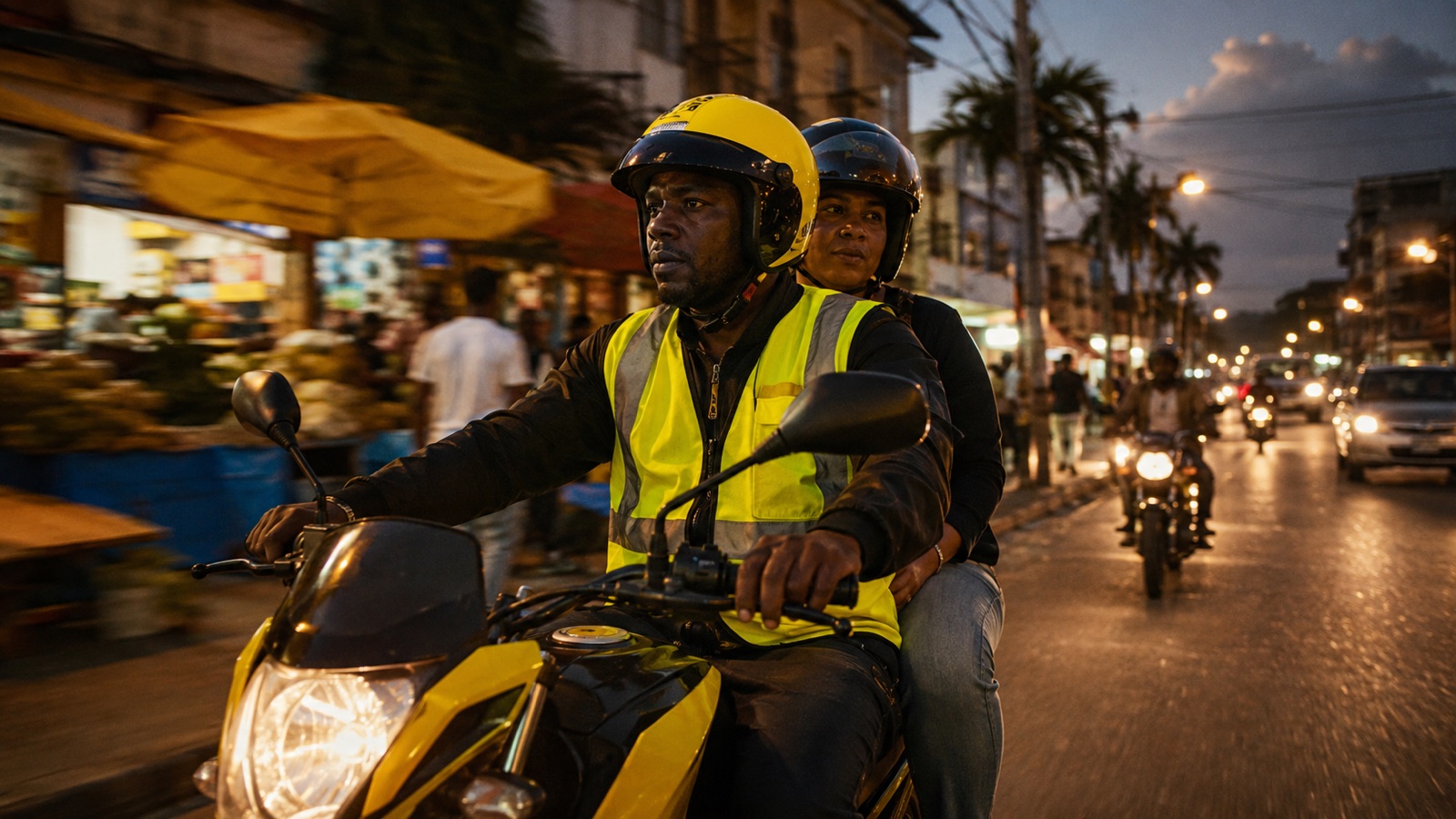 Chauffeur Zipp en gilet jaune transportant un passager dans une rue animée au crépuscule