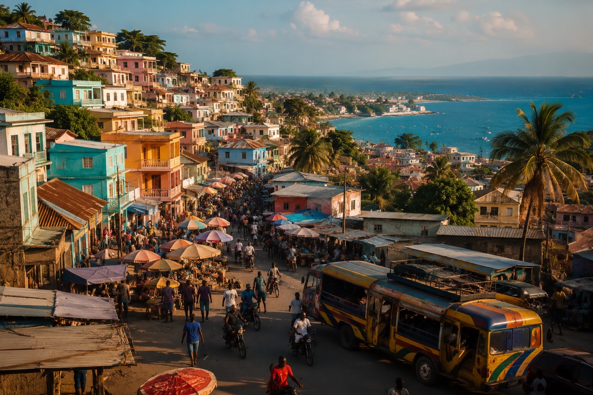 Saint-Marc, Haïti — maisons colorées face à la mer des Caraïbes