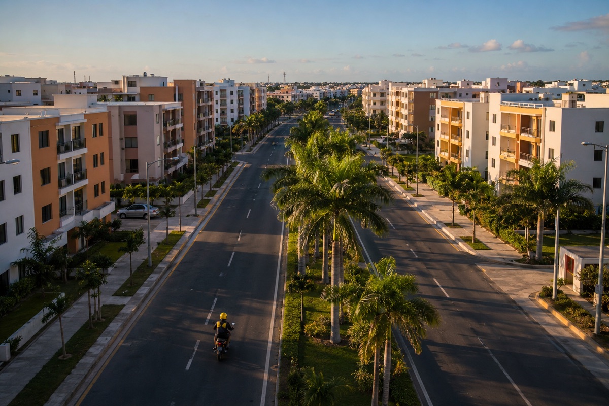 Ciudad Juan Bosch, Saint-Domingue — quartier résidentiel moderne bordé de palmiers