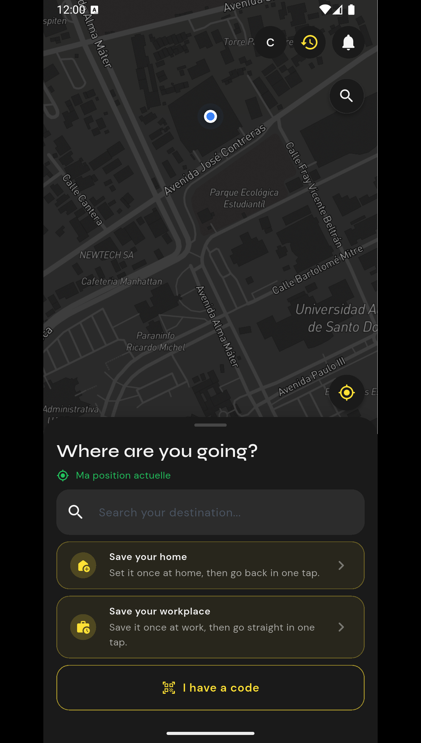 Écran d'accueil de l'application Zipp avec la carte et les chauffeurs à proximité