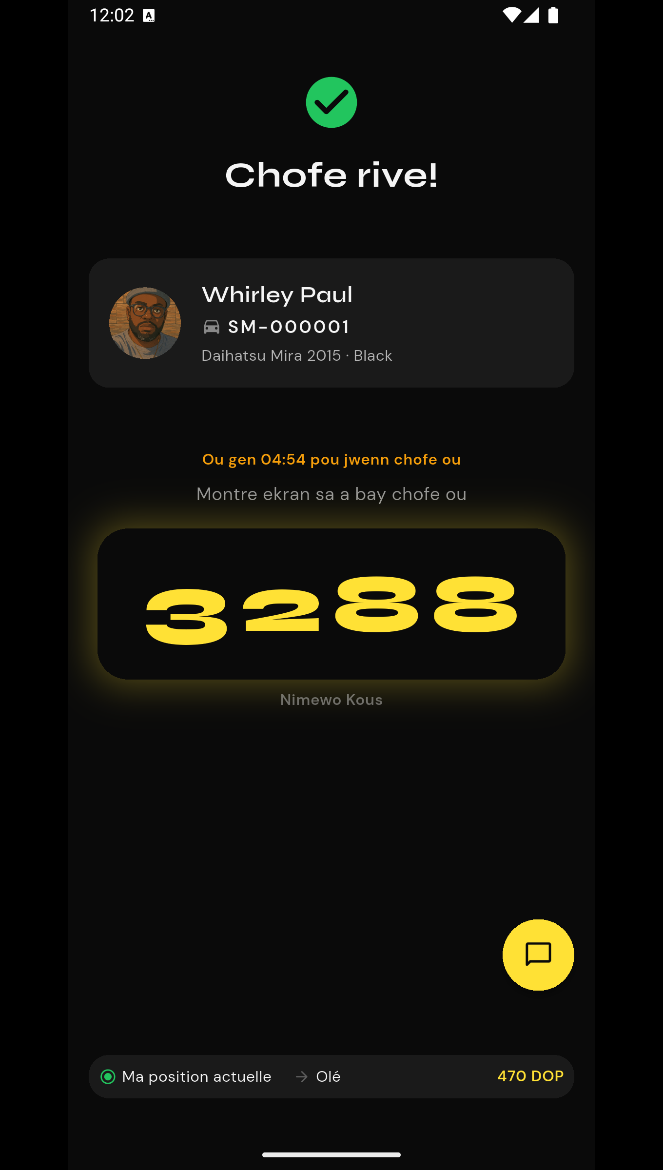 Code de prise en charge affiché dans l'application Zipp